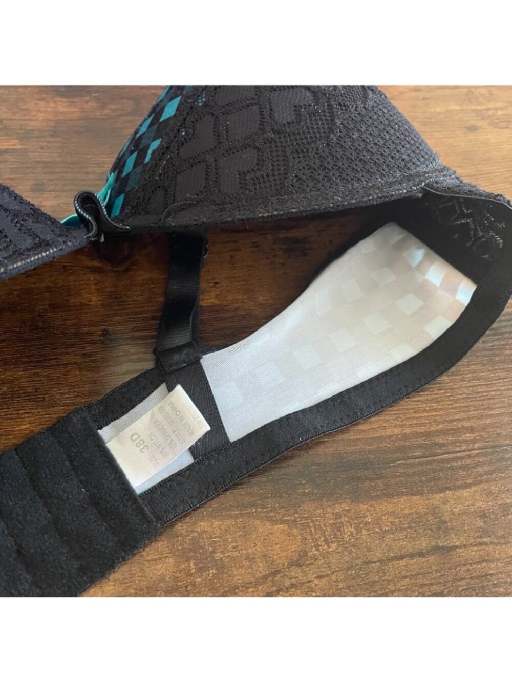Women's Black Aqua Blue Checkered Bra Size 38D Side Lace Heart Details - Picture 4 of 6